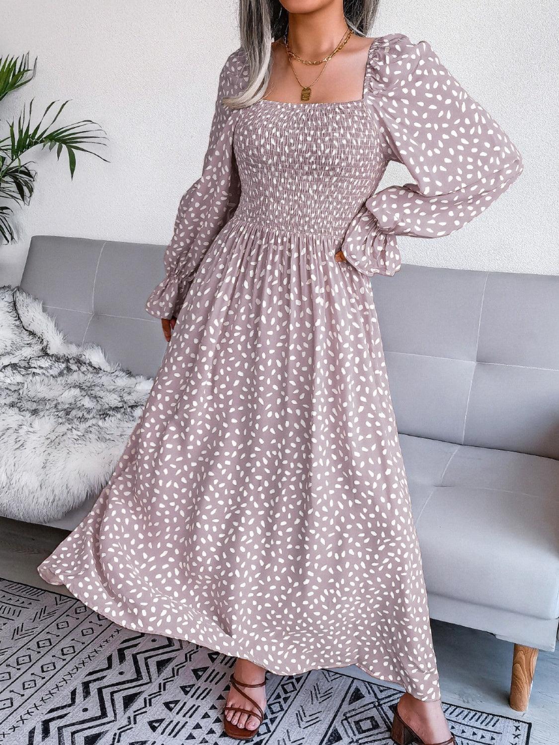 Smocked Square Neck Flounce Sleeve Dress Carauana Store