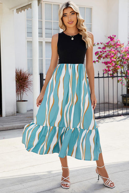 Striped Round Neck Sleeveless Midi Dress Carauana Store