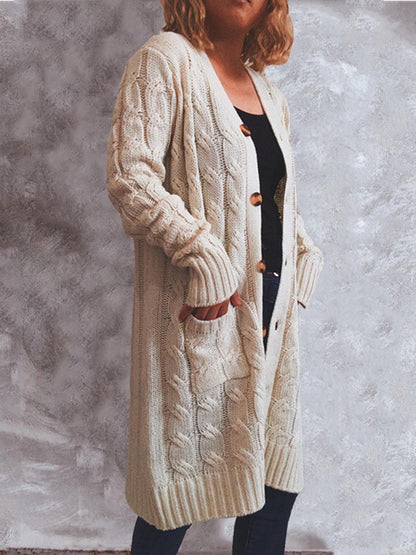 Button Up Cable-Knit Cardigan with Pockets Carauana Store