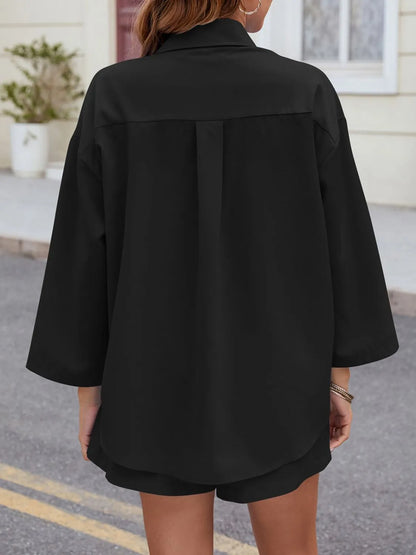 Button Up Long Sleeve Top and Shorts Set Carauana Store