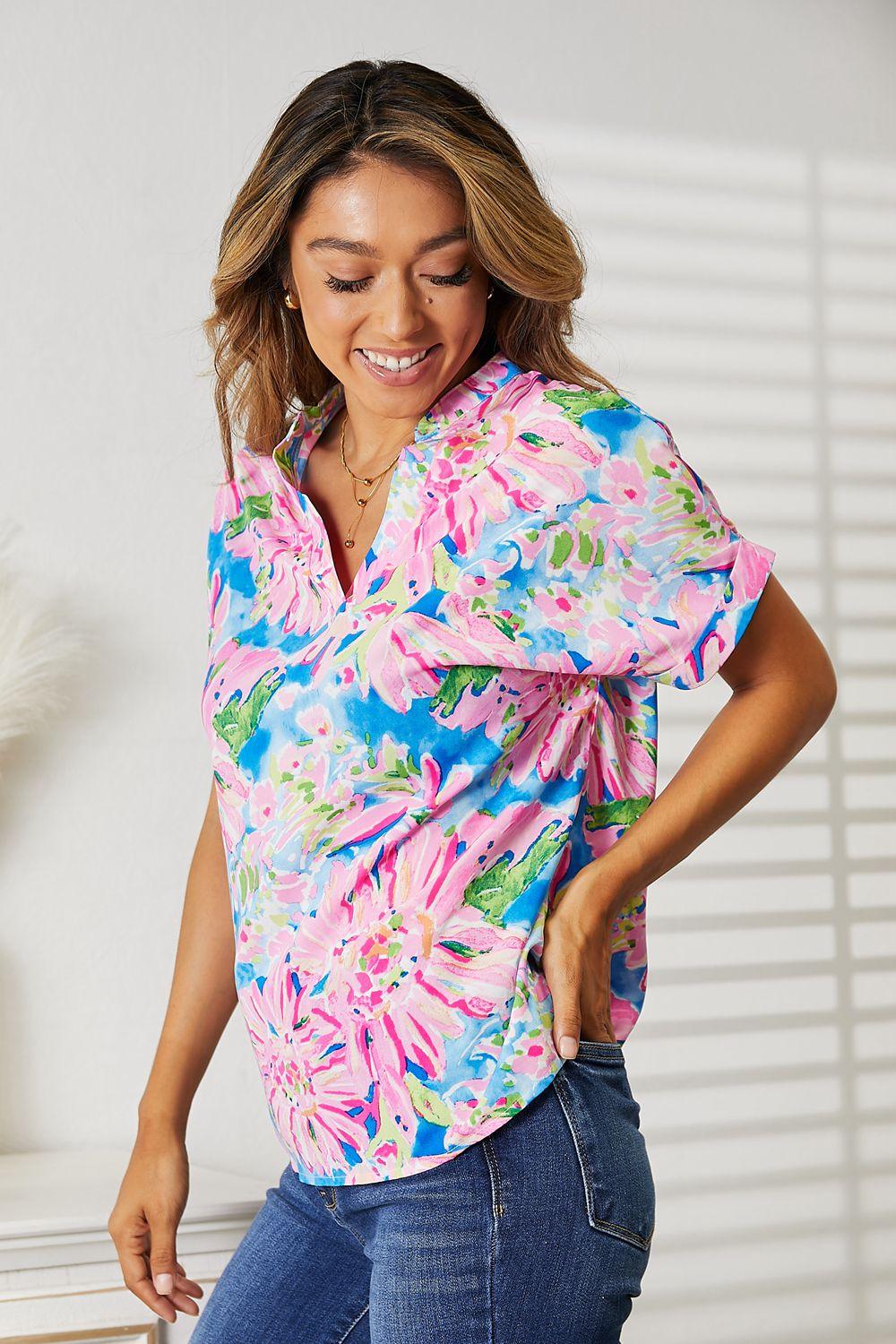 Double Take Floral Notched Neck Short Sleeve Top Carauana Store
