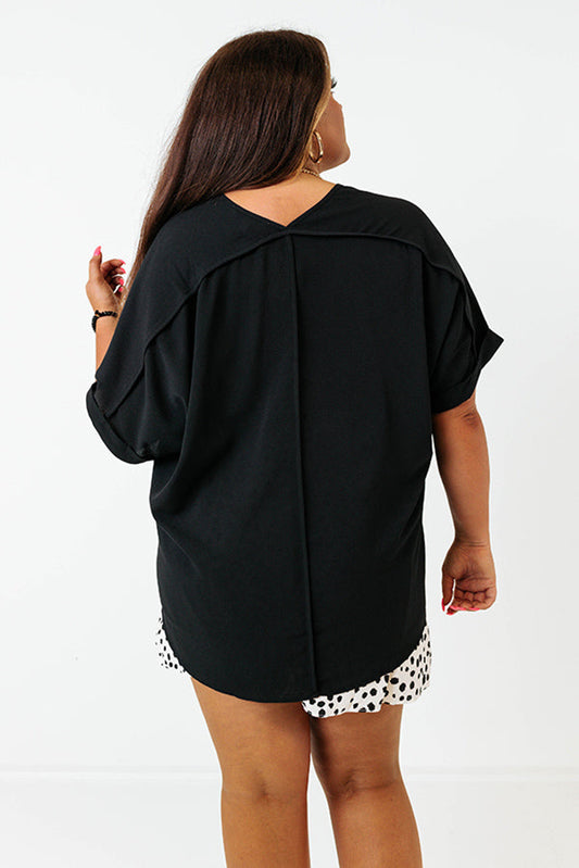 Black Seamed Back High Low Hem V Neck Cuffed Sleeve Plus Size Tee