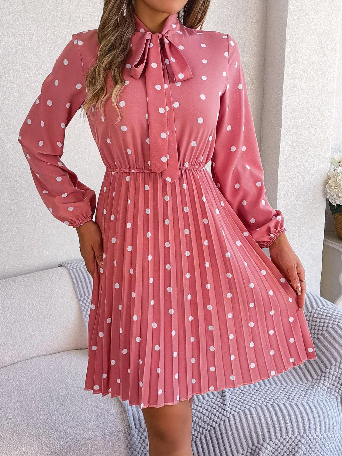 Polka Dot Tie Neck Pleated Dress Carauana Store