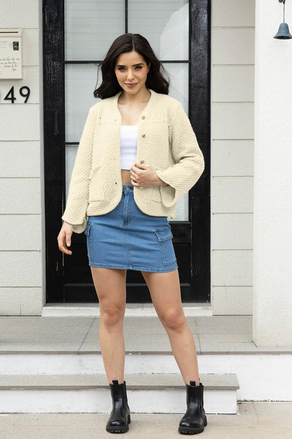 Button Up Long Sleeve Cardigan with Pockets Carauana Store