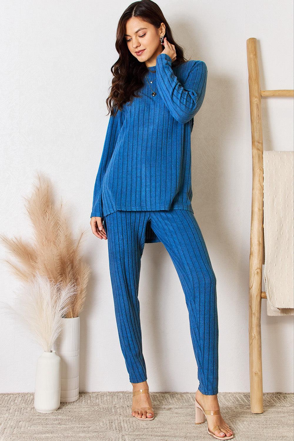 Basic Bae Full Size Ribbed Round Neck High-Low Slit Top and Pants Set Carauana Store