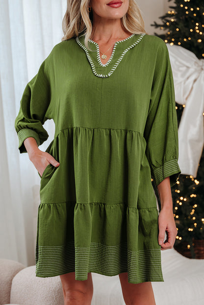 Jungle Green Contrast Stitched V Neck 3/4 Sleeve Tiered Mini Dress