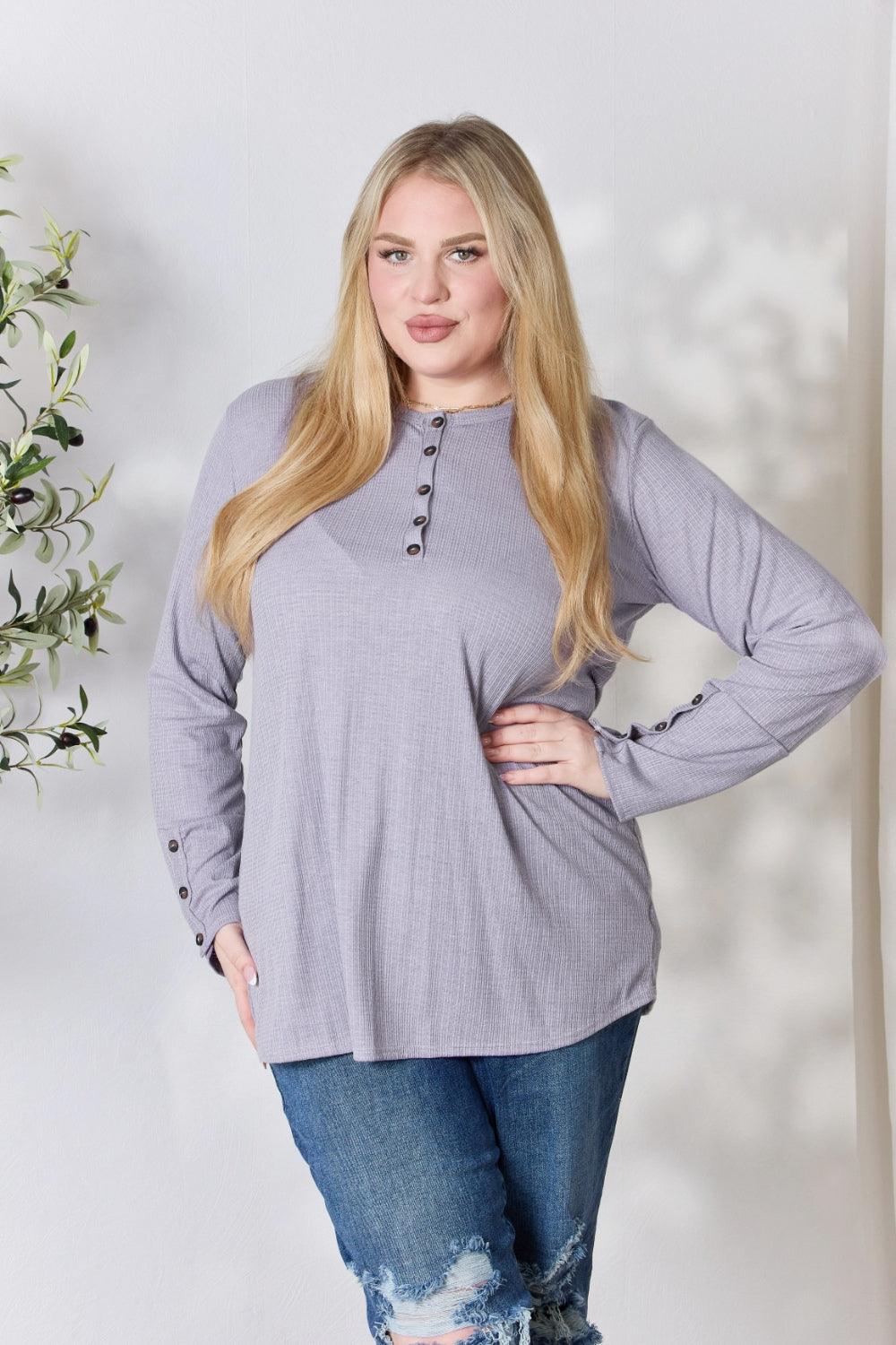 Heimish Full Size Texture Half Button Long Sleeve Top Carauana Store