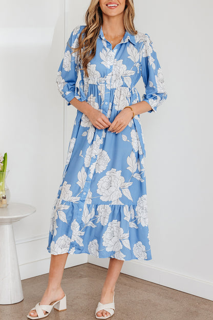 Sky Blue Floral Print Shirt Collar Button Down 3/4 Sleeve Ruffle Hem Long Dress