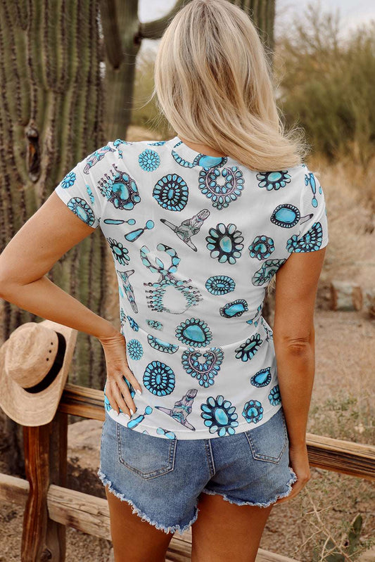 Sky Blue Western Turquoise Printed Crewneck Slim Fit Tee CaRaUaNa Fashion