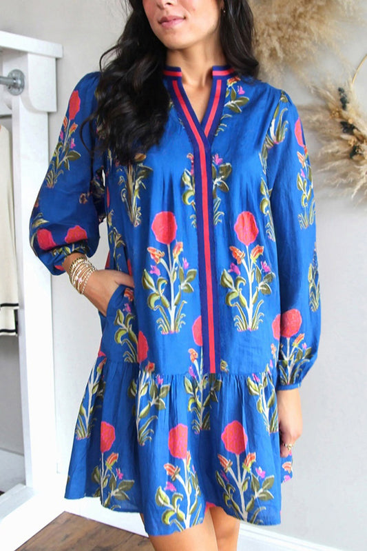Sky Blue Floral Print Contrast Striped Trim Notched Neck Long Sleeve Dress