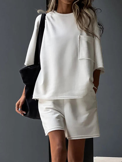 Pocketed Round Neck Half Sleeve Top and Shorts Set Carauana Store
