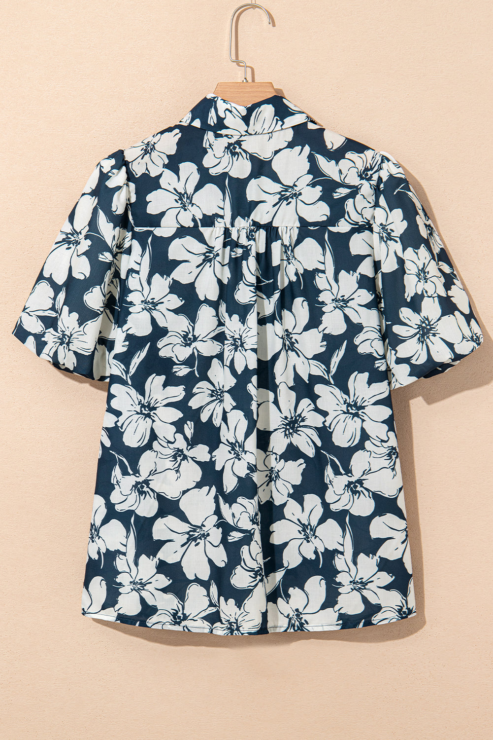 Blue Floral Short Puff Sleeve Summer Shirt