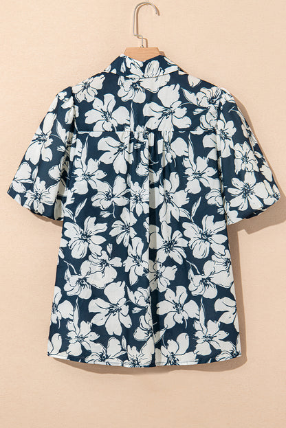 Blue Floral Short Puff Sleeve Summer Shirt