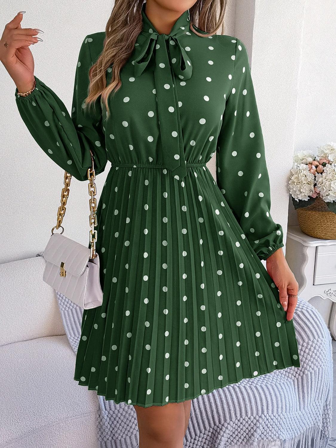 Polka Dot Tie Neck Pleated Dress Carauana Store