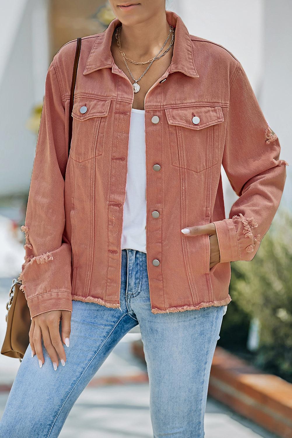 Distressed Raw Hem Denim Jacket Carauana Store