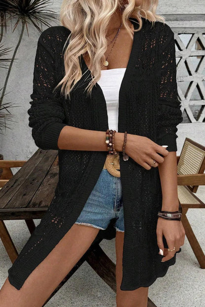 Openwork Open Front Long Sleeve Cardigan Carauana Store