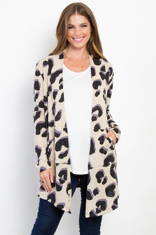 Be Stage Printed Open Front Knit Cardigan with Pockets Carauana Store