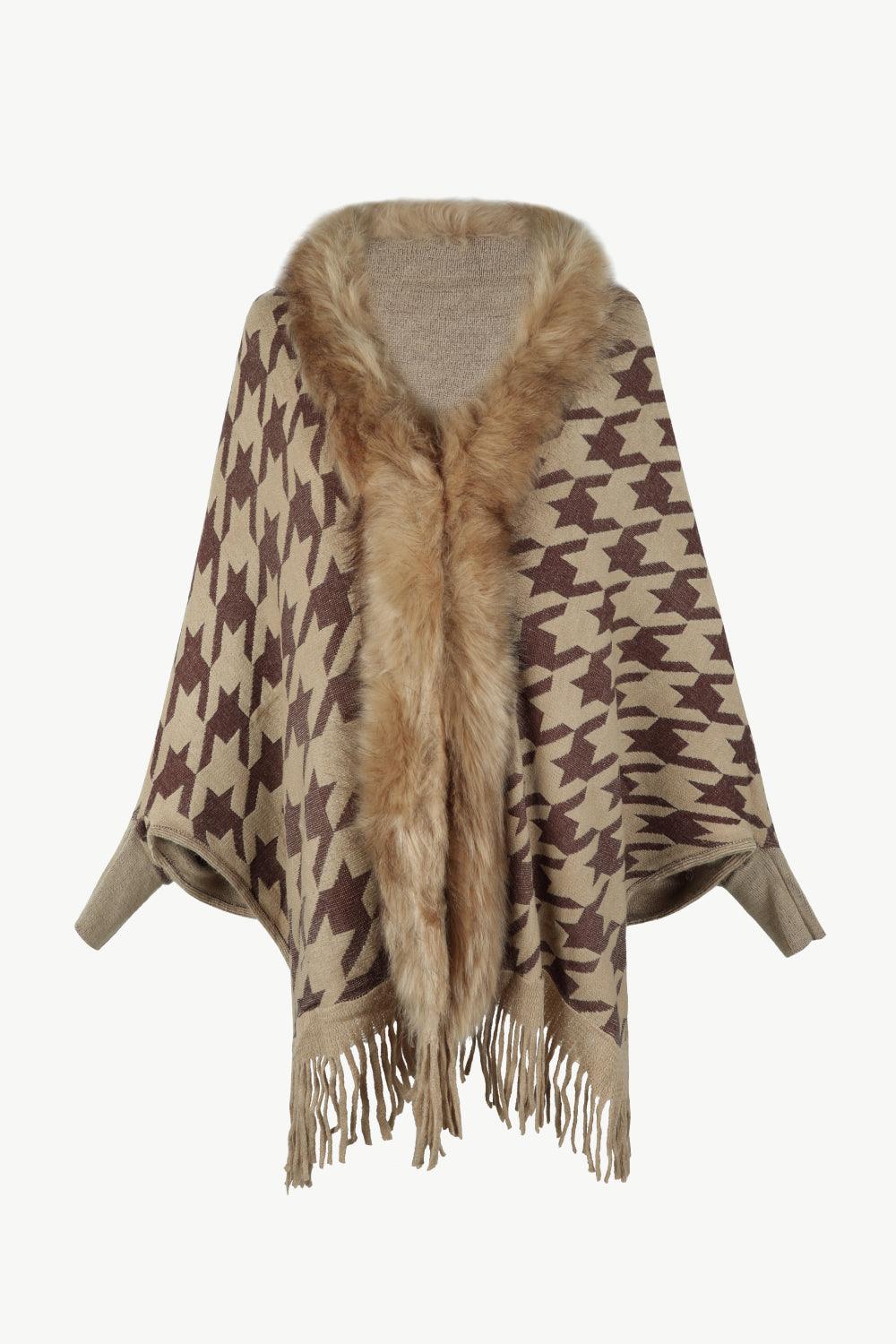 Houndstooth Fringe Hem Poncho Carauana Store