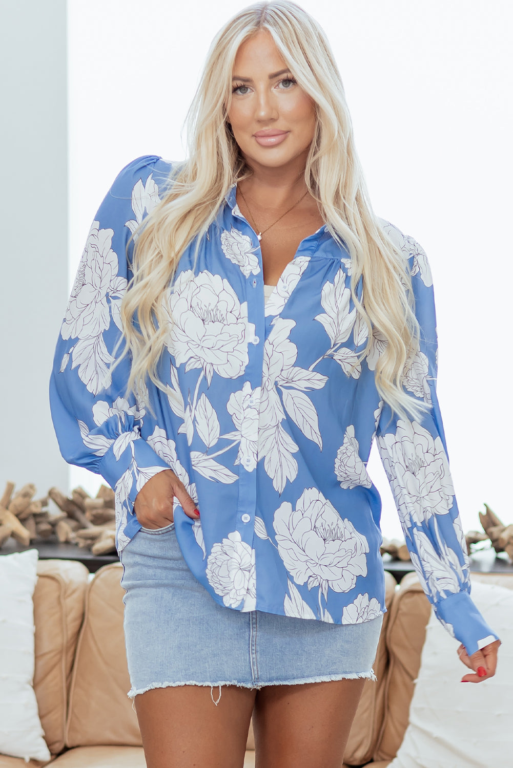 Sky Blue Floral Print Button Up Pleated Detail Puff Sleeve Shirt