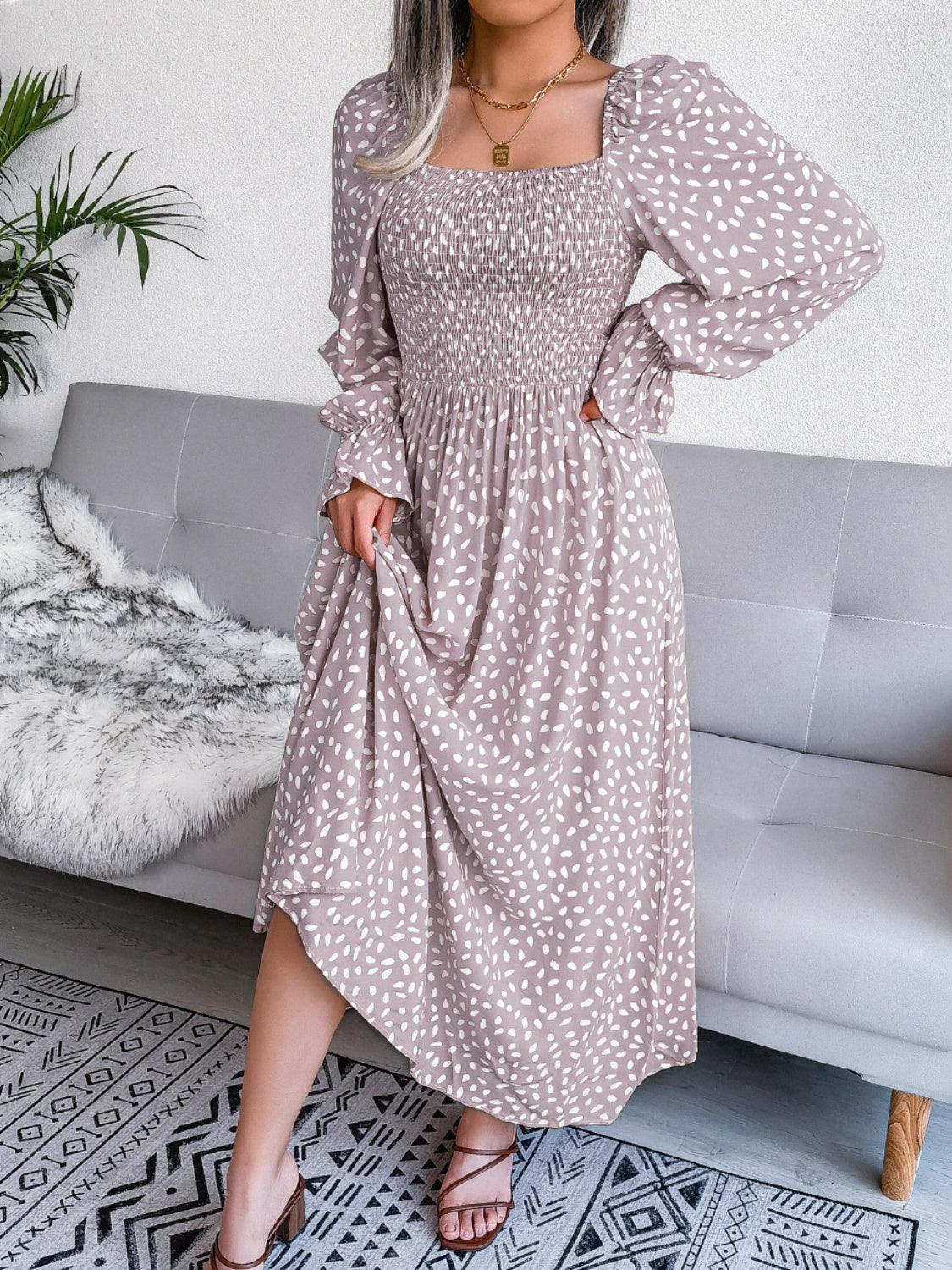 Smocked Square Neck Flounce Sleeve Dress Carauana Store