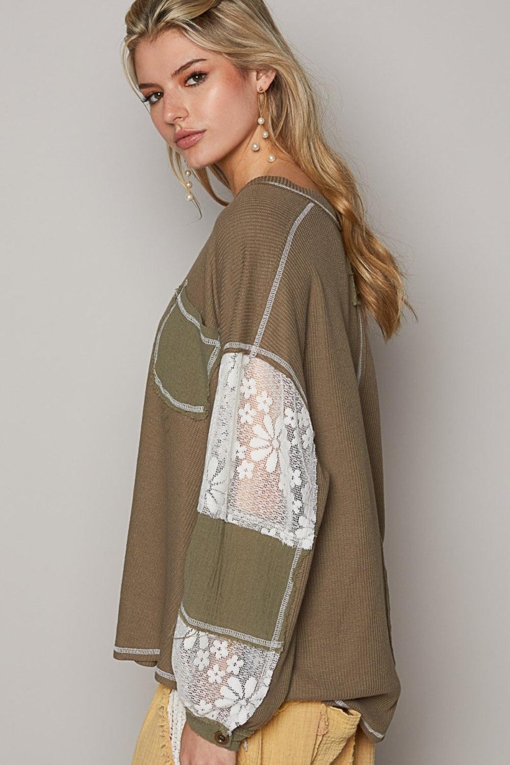 POL V-Neck Lace Balloon Sleeve Exposed Seam Top Carauana Store