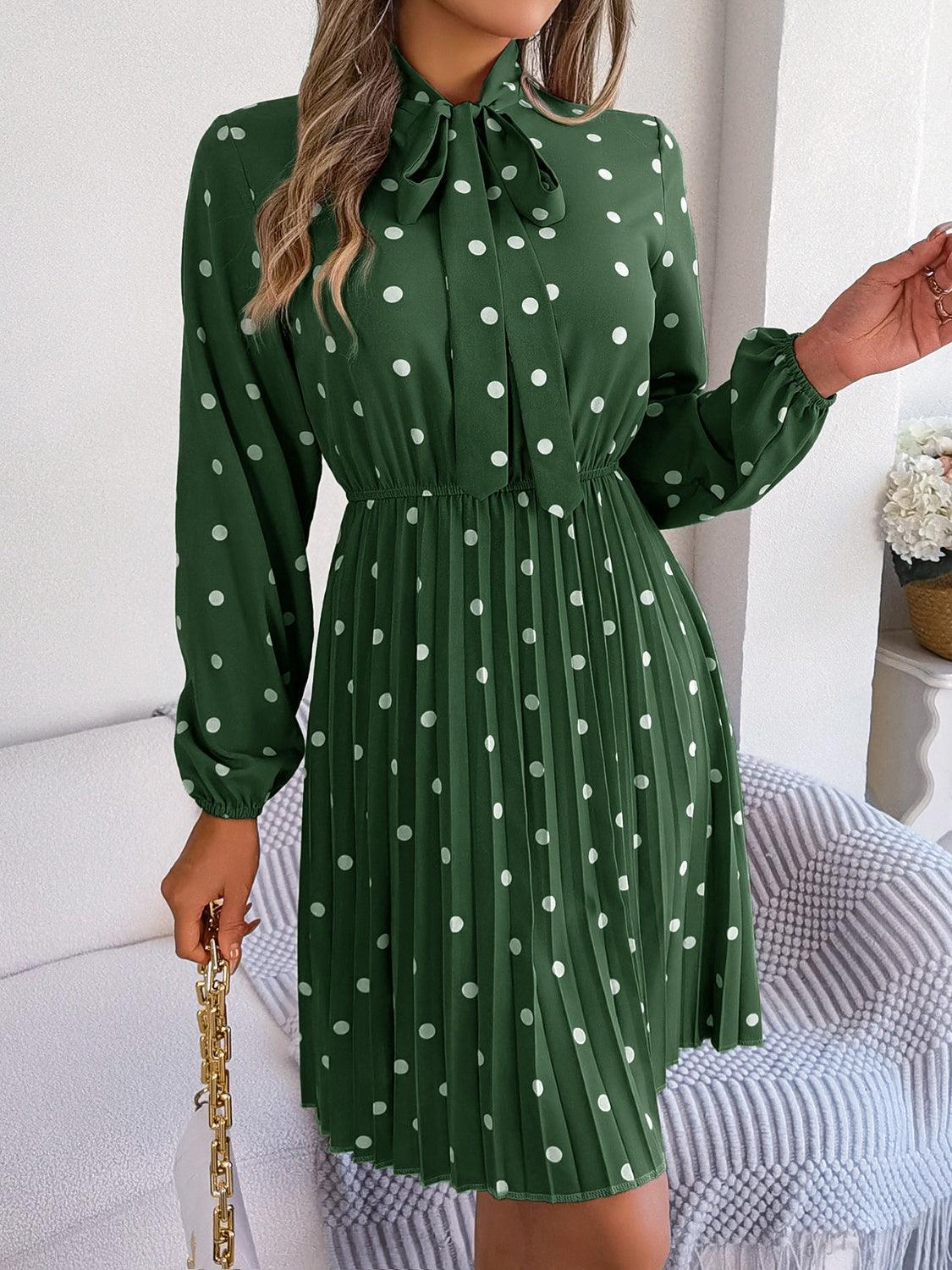 Polka Dot Tie Neck Pleated Dress Carauana Store