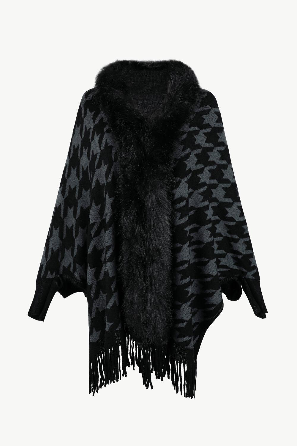 Houndstooth Fringe Hem Poncho Carauana Store