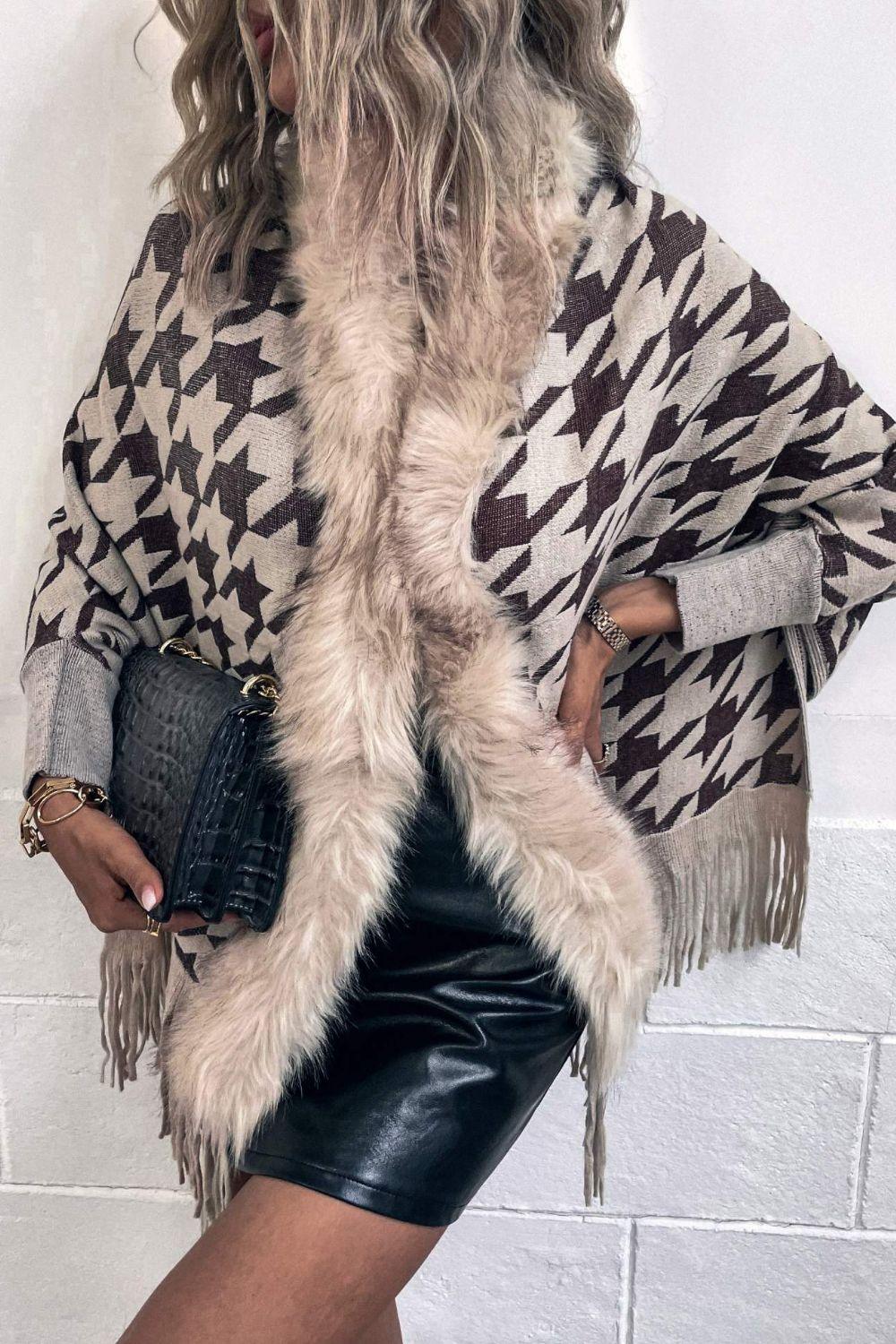 Houndstooth Fringe Hem Poncho Carauana Store