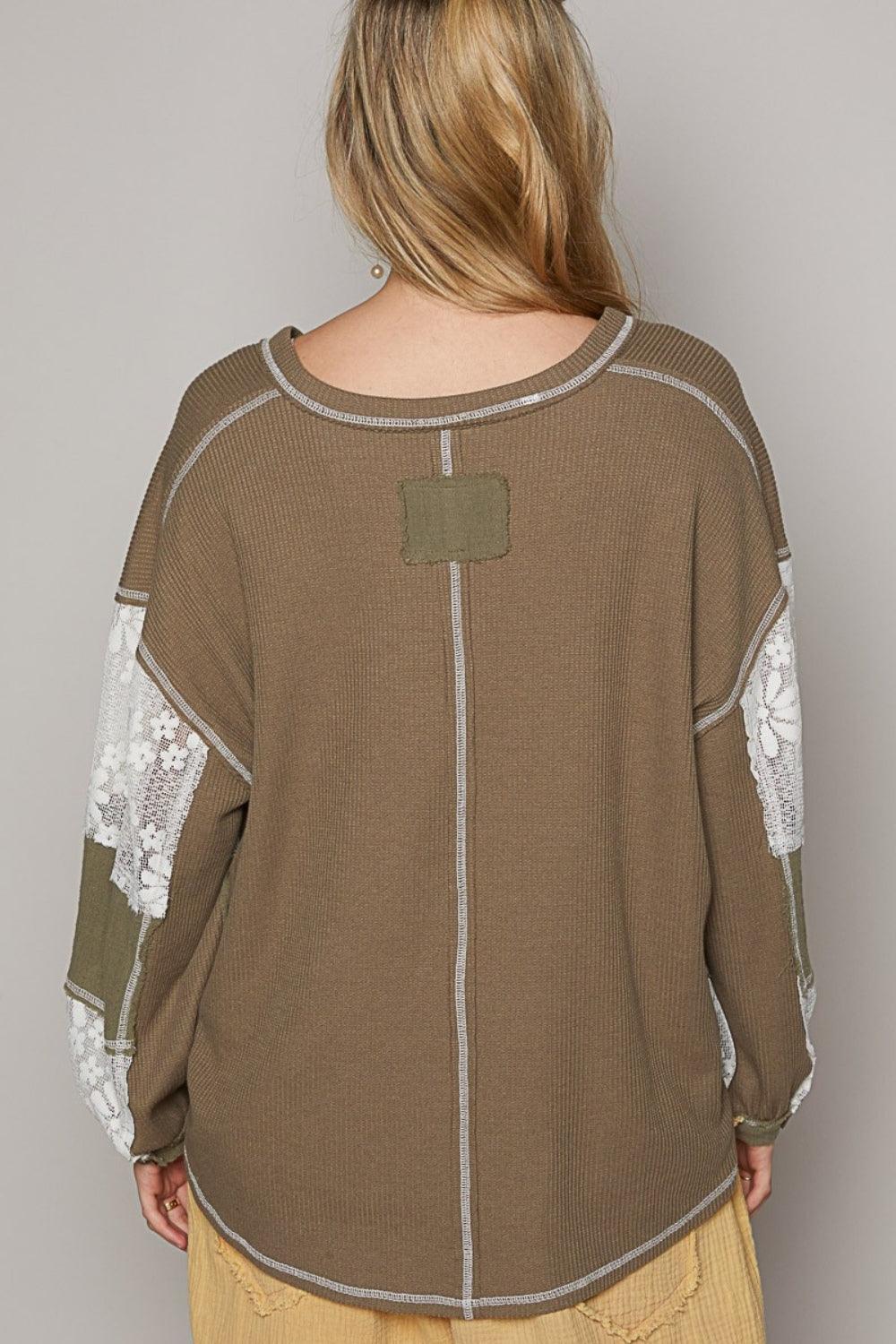 POL V-Neck Lace Balloon Sleeve Exposed Seam Top Carauana Store