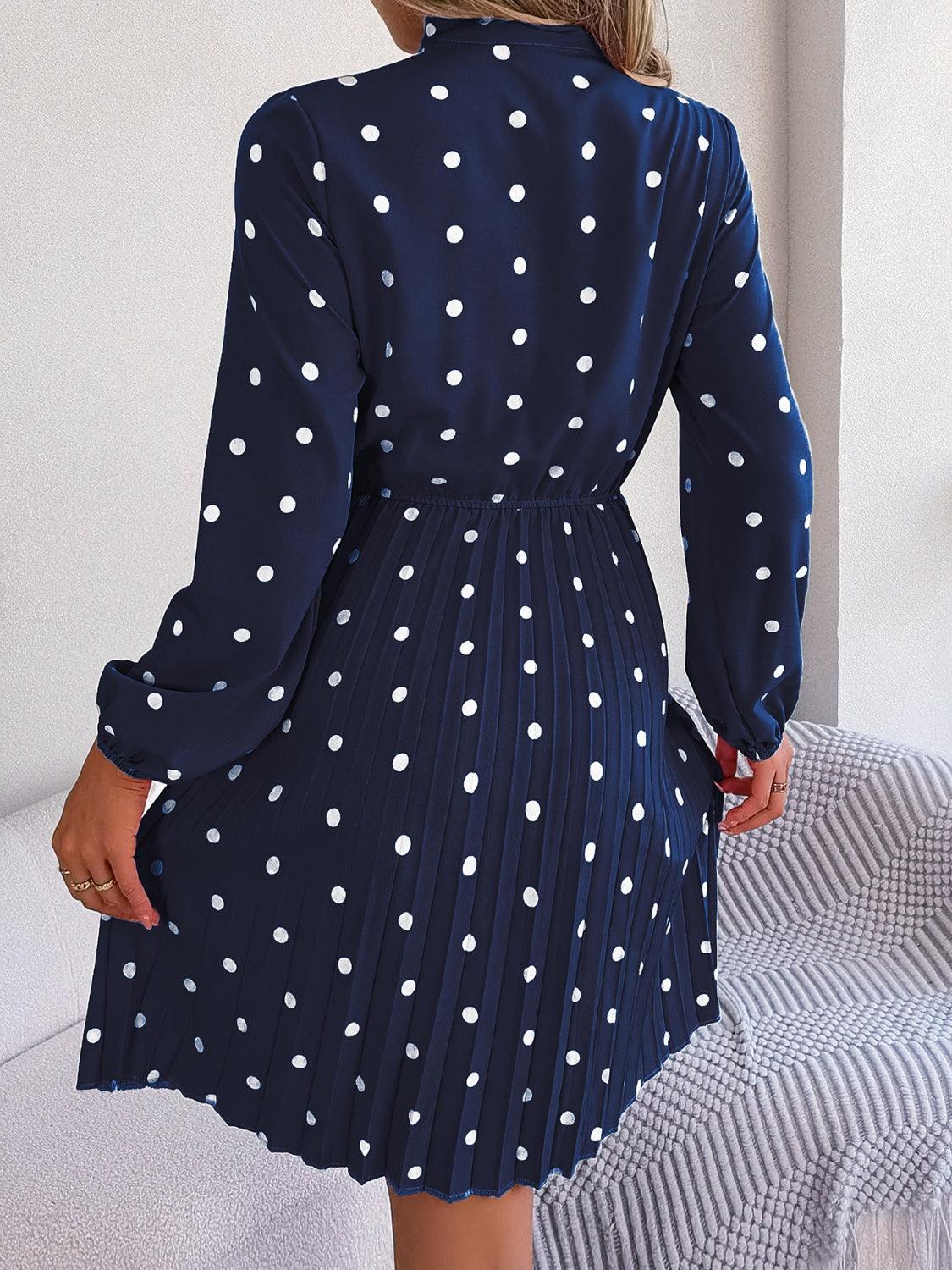 Polka Dot Tie Neck Pleated Dress Carauana Store