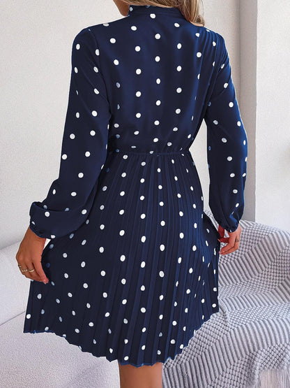 Polka Dot Tie Neck Pleated Dress Carauana Store