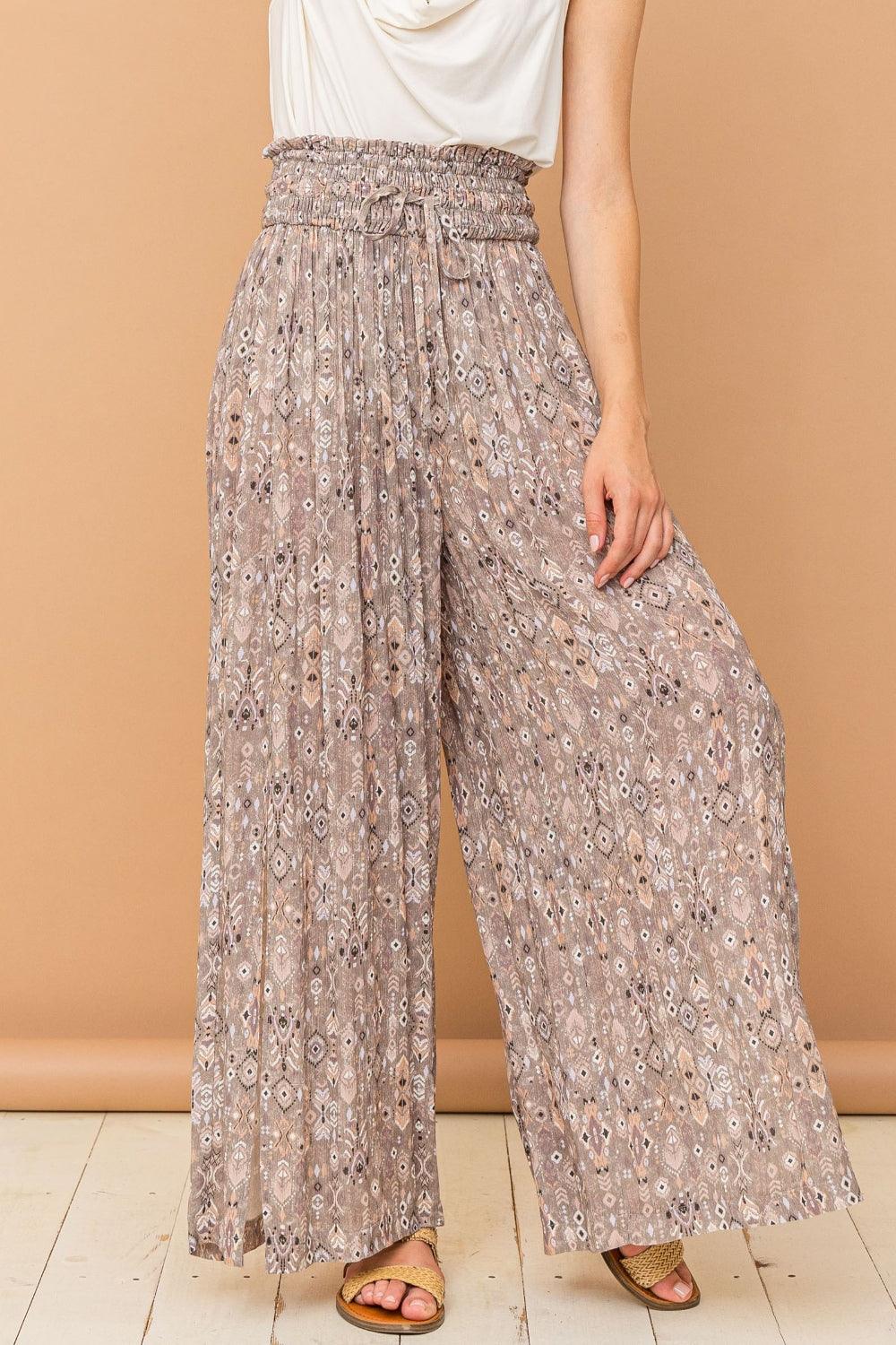 And The Why Printed Smocked Waist Slit Wide Leg Pants Carauana Store
