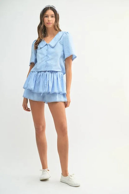 MABLE Collared Button Down Crop Top and Skort Set Carauana Store