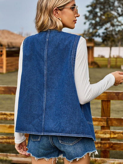Pocketed Button Up Sleeveless Denim Jacket Carauana Store