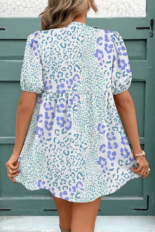 Sky Blue Leopard Contrast Bow Puff Sleeve Mini Dress