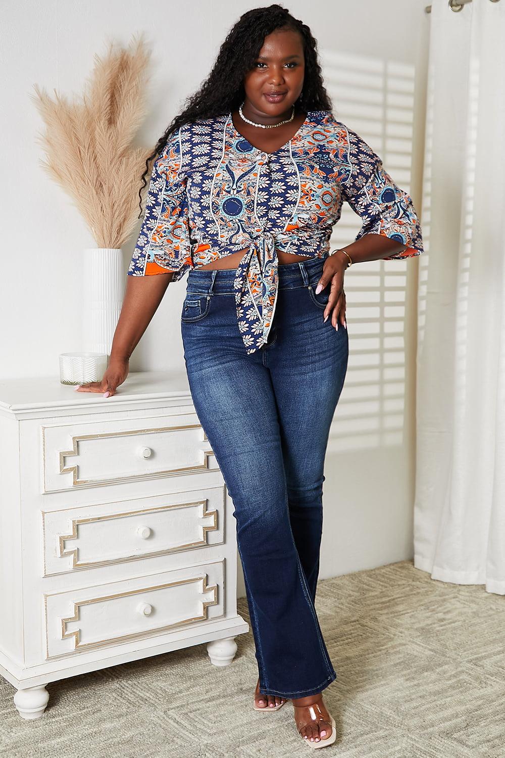 Tie Hem V-Neck Three-Quarter Sleeve Blouse Carauana Store