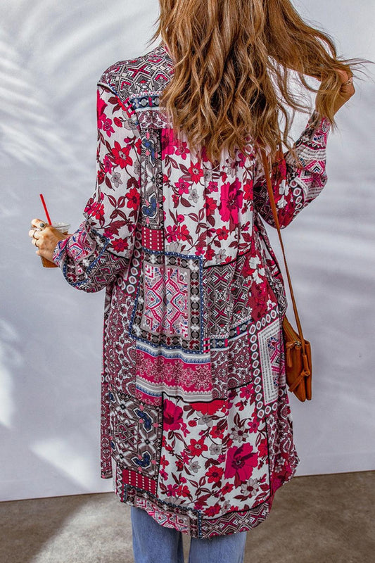 Printed Button Up Long Sleeve Cardigan Carauana Store