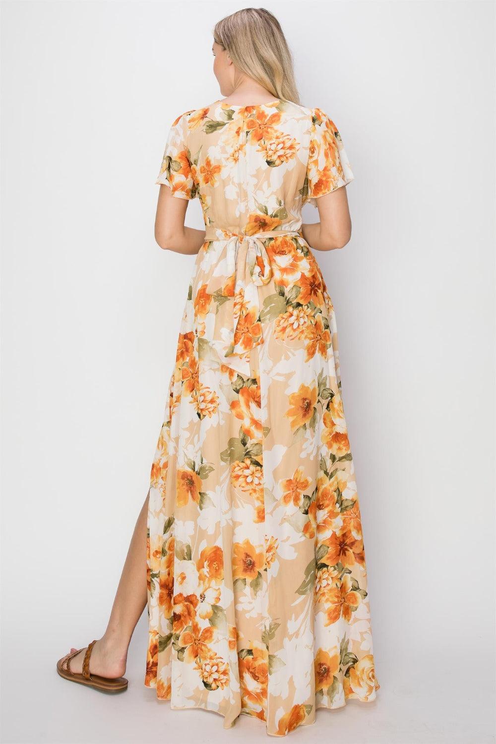 HYFVE Floral Tie Back Short Sleeve Slit Maxi Dress Carauana Store