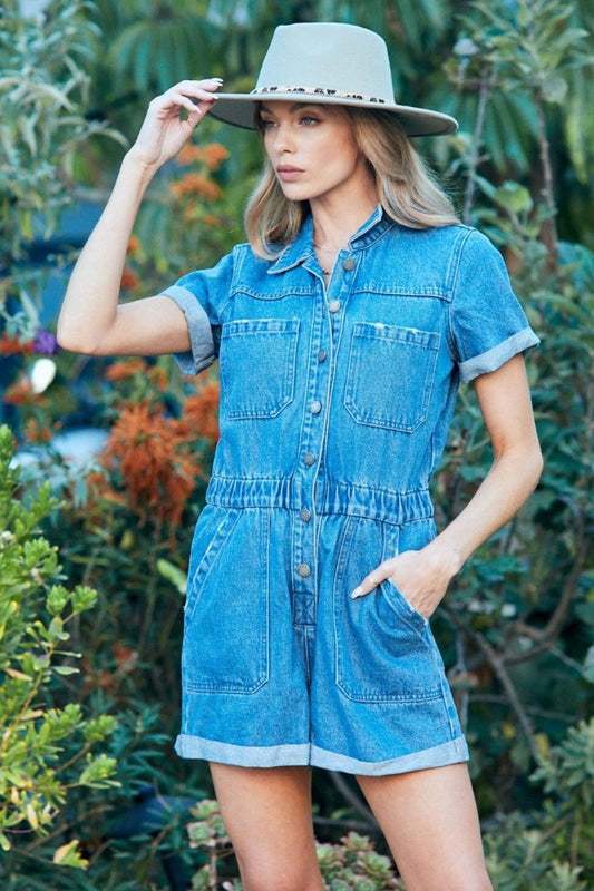 Veveret Elastic Waistband Denim Romper Carauana Store