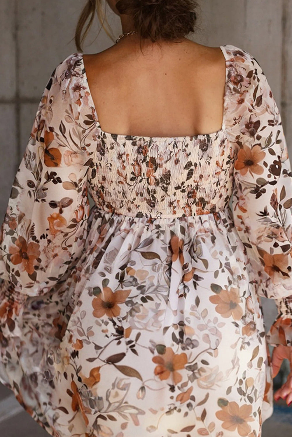 White Floral Print Sweetheart Neck Long Sleeve High Waist Mini Dress