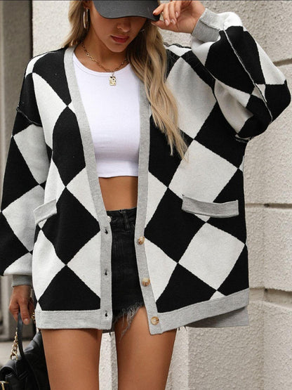 Checkered Dropped Shoulder Long Sleeve Cardigan Carauana Store