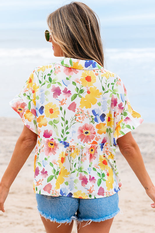 Yellow Floral Boxy Fit Ruffled Short Sleeve V Neck Blouse