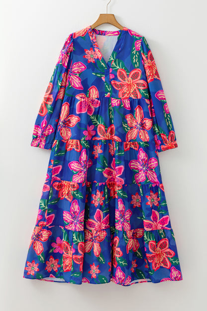 Blue Floral Print 3/4 Sleeve V Neck Tiered Long Dress